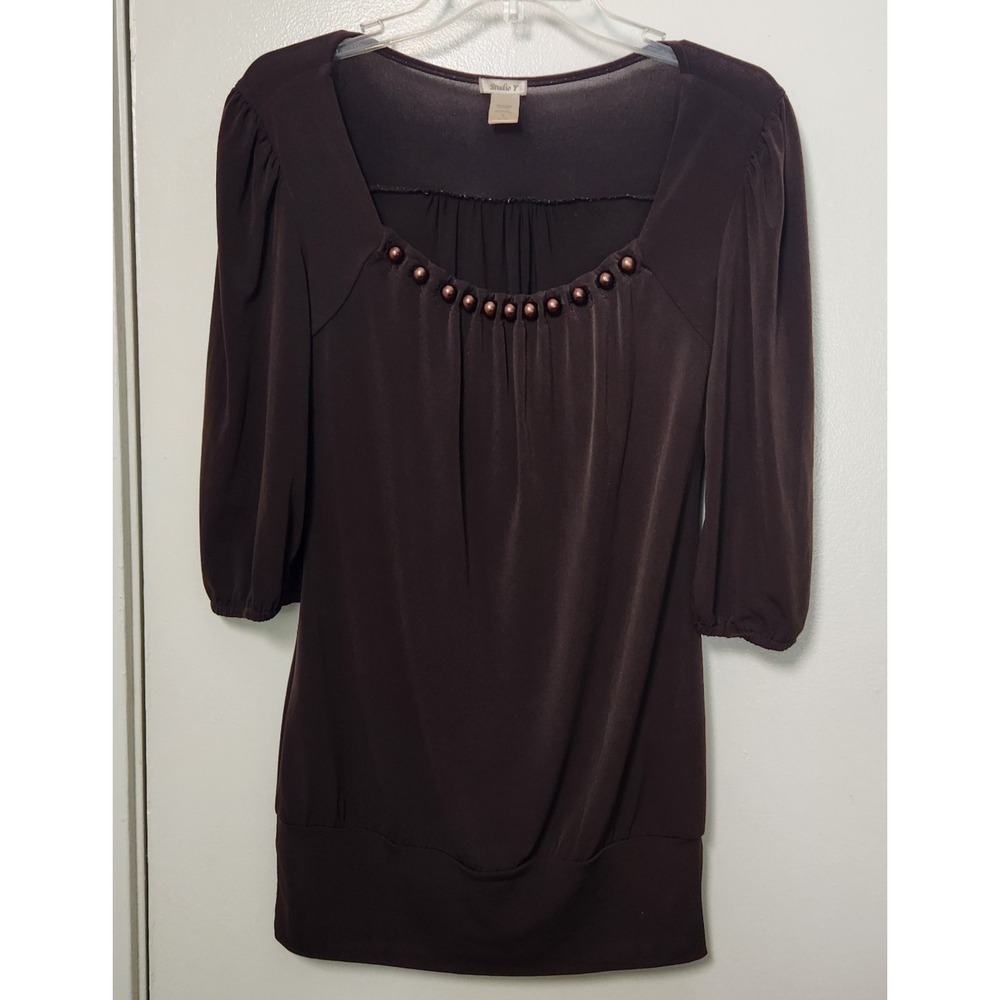 Vtg Studio Y Chocolate Brown Embellished Beaded 3/4 Sleeve Top Small Y2K 90s‎